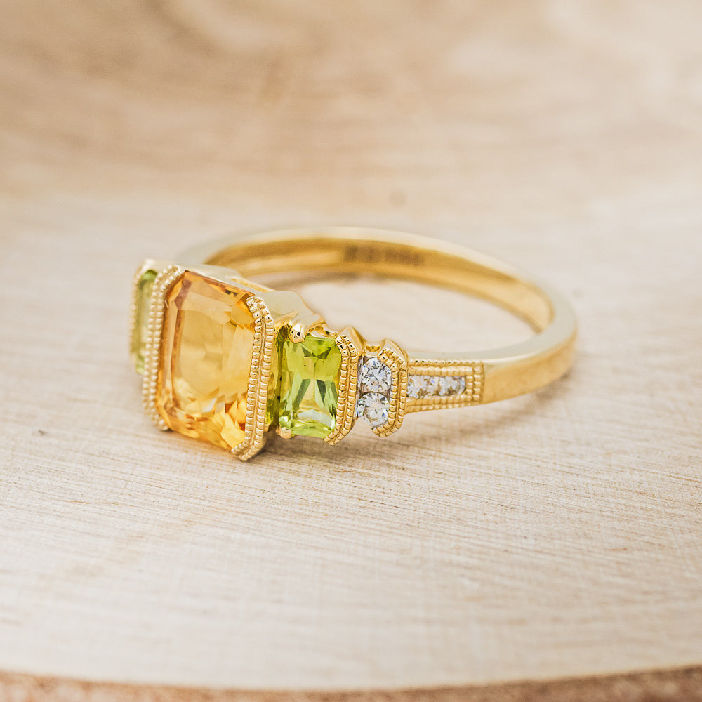 "HAZEL" - EMERALD CUT CITRINE ENGAGEMENT RING WITH PERIDOT & DIAMOND ACCENTS-3