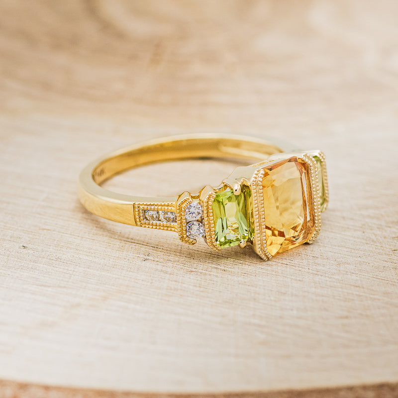 "HAZEL" - EMERALD CUT CITRINE ENGAGEMENT RING WITH PERIDOT & DIAMOND ACCENTS-2