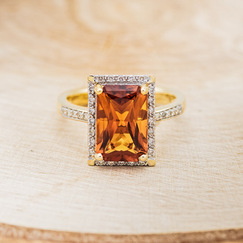 "SIENNA" - EMERALD CUT MADEIRA CITRINE ENGAGEMENT RING WITH DIAMOND HALO & ACCENTS-4