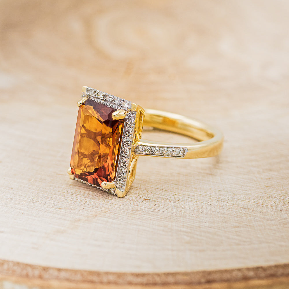 "SIENNA" - EMERALD CUT MADEIRA CITRINE ENGAGEMENT RING WITH DIAMOND HALO & ACCENTS-3