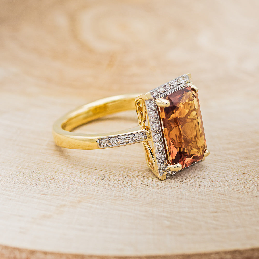 "SIENNA" - EMERALD CUT MADEIRA CITRINE ENGAGEMENT RING WITH DIAMOND HALO & ACCENTS-2