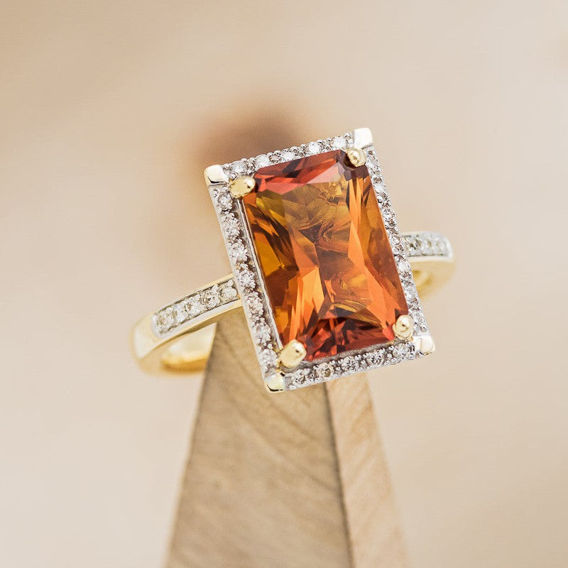 "SIENNA" - EMERALD CUT MADEIRA CITRINE ENGAGEMENT RING WITH DIAMOND HALO & ACCENTS-1