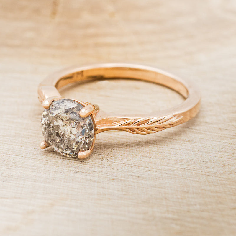 "HOPE" - ROUND CUT SALT & PEPPER DIAMOND SOLITAIRE ENGAGEMENT RING WITH FEATHER ACCENTS-3