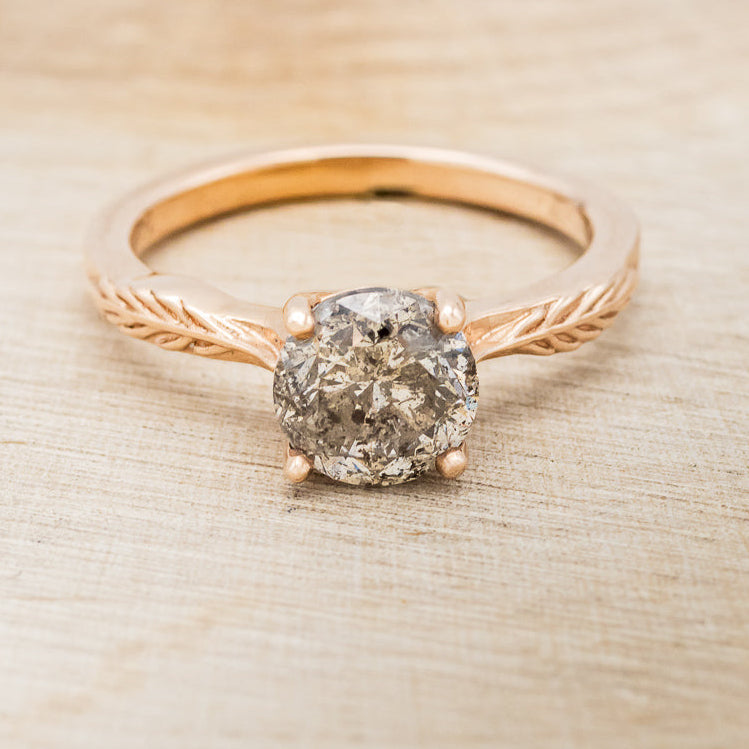 "HOPE" - ROUND CUT SALT & PEPPER DIAMOND SOLITAIRE ENGAGEMENT RING WITH FEATHER ACCENTS-4
