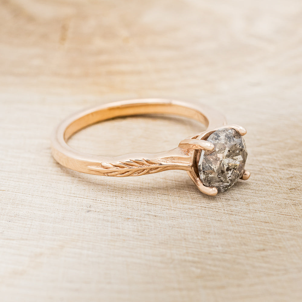 "HOPE" - ROUND CUT SALT & PEPPER DIAMOND SOLITAIRE ENGAGEMENT RING WITH FEATHER ACCENTS-2