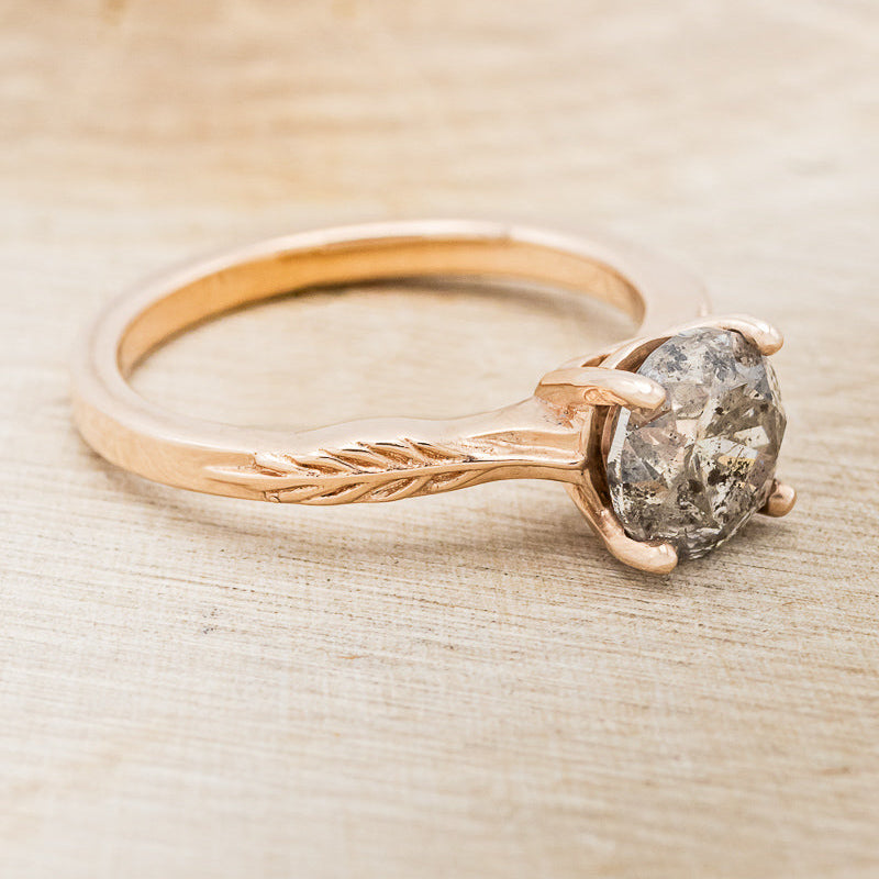"HOPE" - ROUND CUT SALT & PEPPER DIAMOND SOLITAIRE ENGAGEMENT RING WITH FEATHER ACCENTS-2