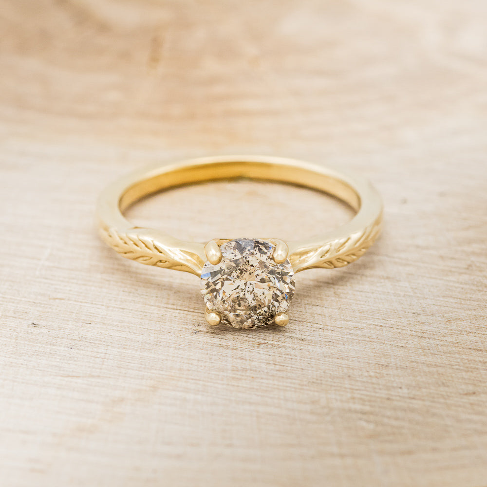 "HOPE" - ROUND CUT SALT & PEPPER DIAMOND SOLITAIRE ENGAGEMENT RING WITH FEATHER ACCENTS-16