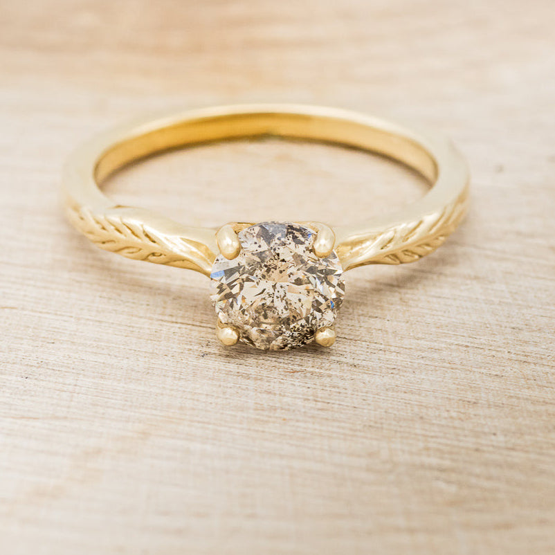 "HOPE" - ROUND CUT SALT & PEPPER DIAMOND SOLITAIRE ENGAGEMENT RING WITH FEATHER ACCENTS-16