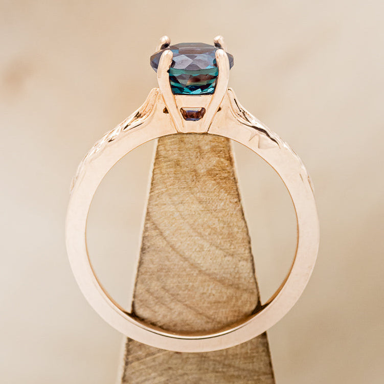 "HOPE" - ROUND CUT LAB-GROWN ALEXANDRITE SOLITAIRE ENGAGEMENT RING WITH FEATHER ACCENTS-5