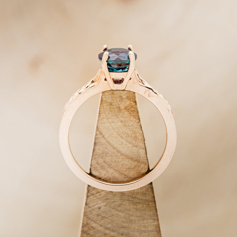 "HOPE" - ROUND CUT LAB-GROWN ALEXANDRITE SOLITAIRE ENGAGEMENT RING WITH FEATHER ACCENTS-5