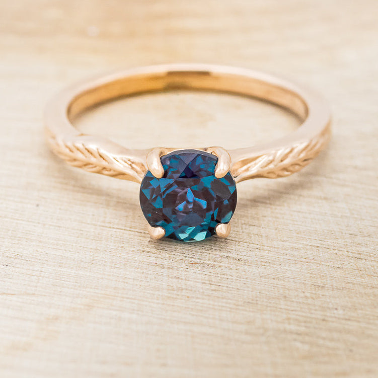 "HOPE" - ROUND CUT LAB-GROWN ALEXANDRITE SOLITAIRE ENGAGEMENT RING WITH FEATHER ACCENTS-2