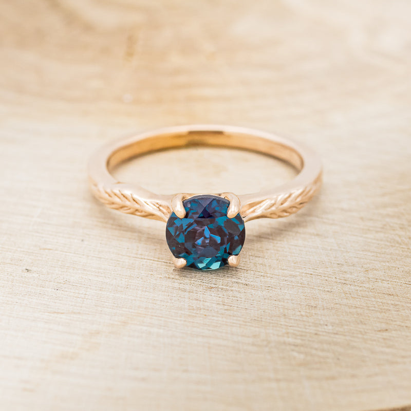 "HOPE" - ROUND CUT LAB-GROWN ALEXANDRITE SOLITAIRE ENGAGEMENT RING WITH FEATHER ACCENTS-2