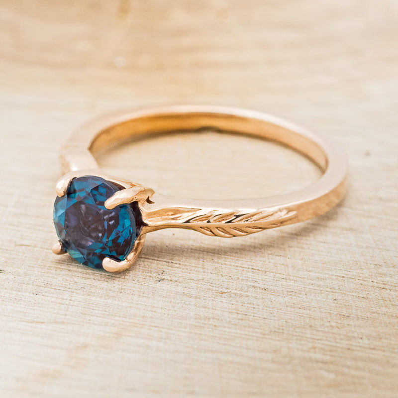 "HOPE" - ROUND CUT LAB-GROWN ALEXANDRITE SOLITAIRE ENGAGEMENT RING WITH FEATHER ACCENTS-4