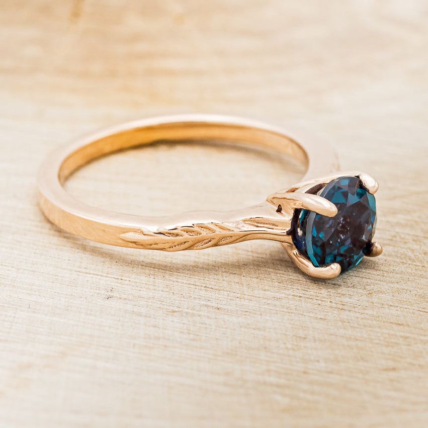 "HOPE" - ROUND CUT LAB-GROWN ALEXANDRITE SOLITAIRE ENGAGEMENT RING WITH FEATHER ACCENTS-3