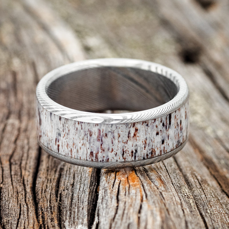 "RAINIER" - ANTLER WEDDING RING - DAMASCUS STEEL - SIZE 8-3