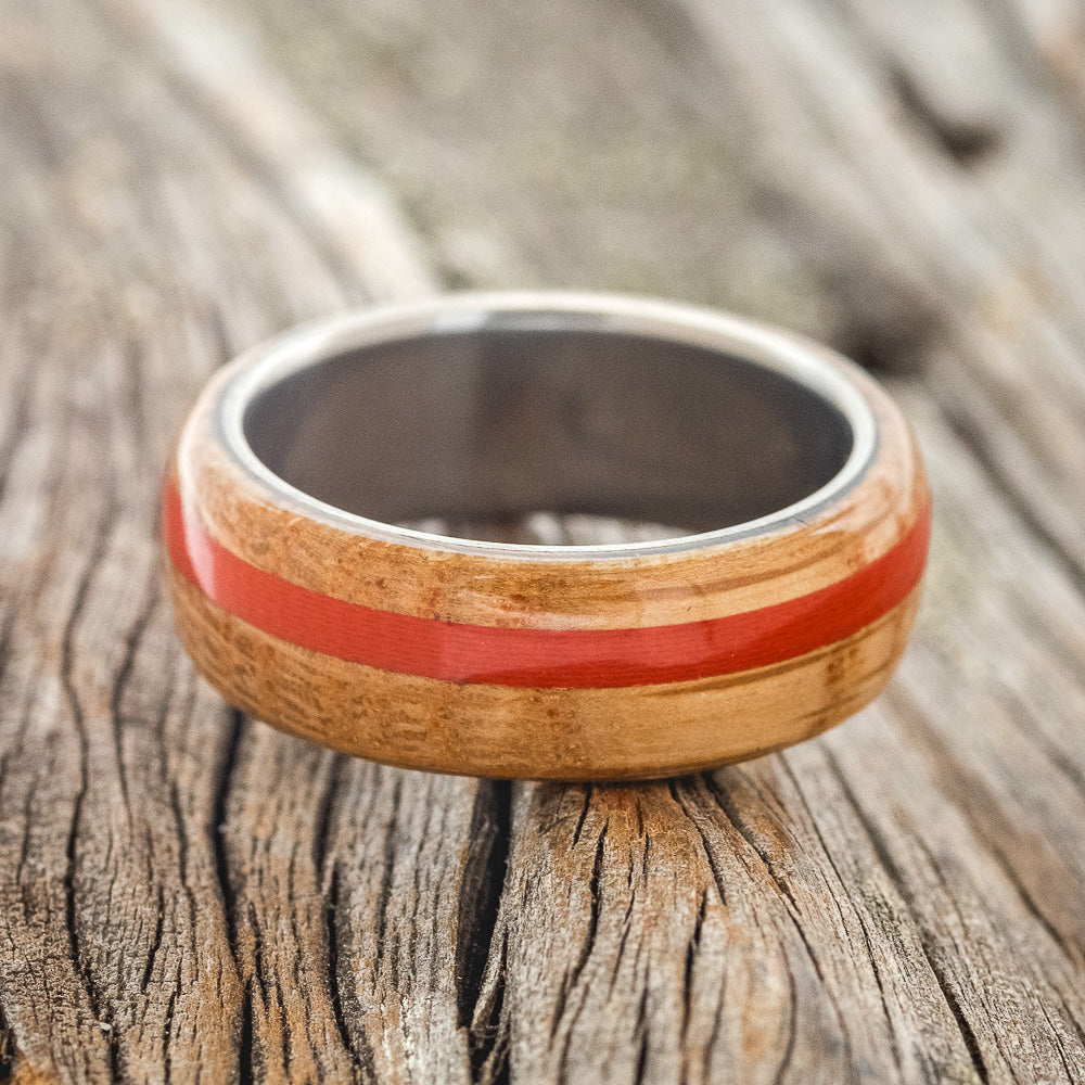 "REMMY" - WHISKEY BARREL OAK & RED G10 WEDDING BAND-3