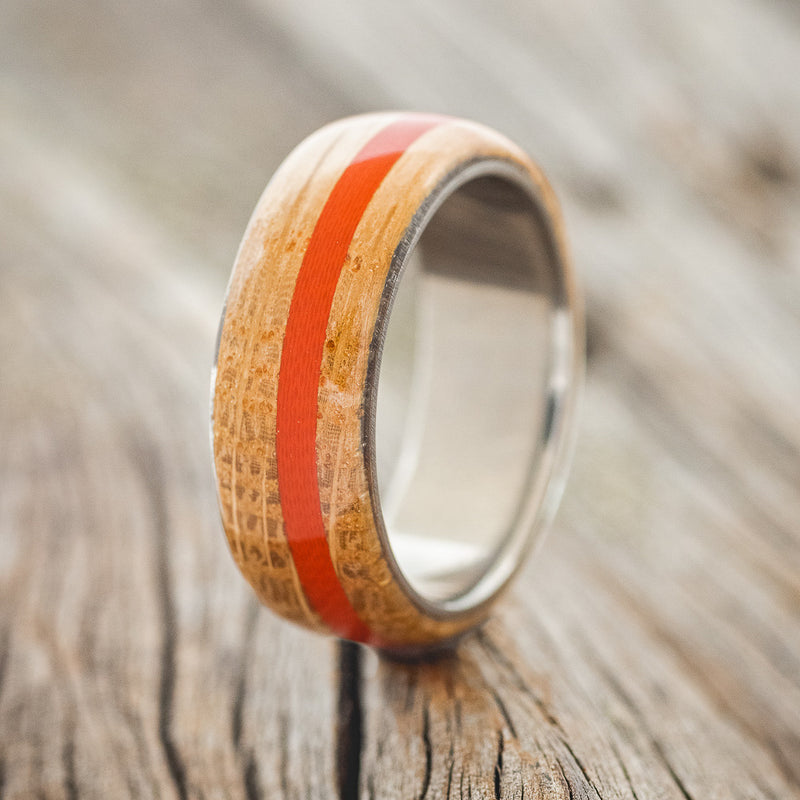 "REMMY" - WHISKEY BARREL & RED G10 WEDDING RING - TITANIUM - SIZE 10-1