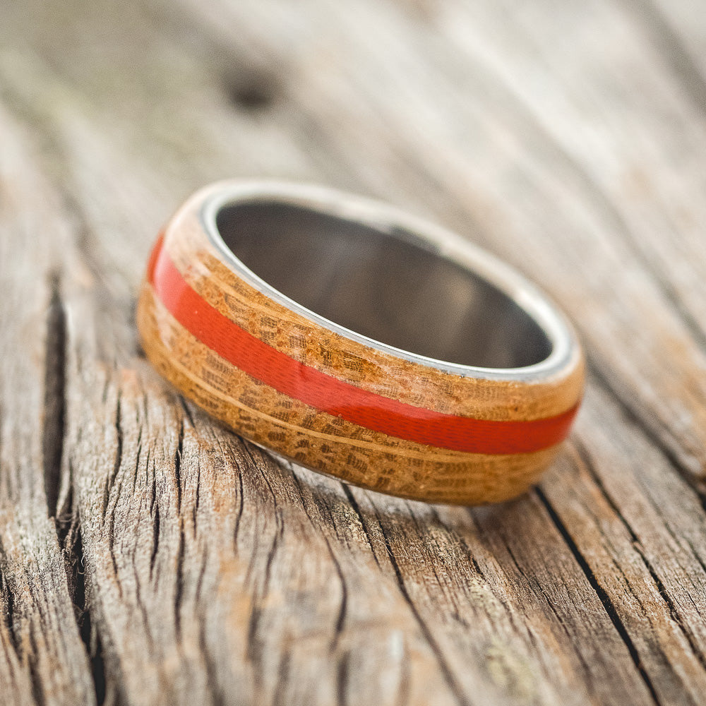 "REMMY" - WHISKEY BARREL OAK & RED G10 WEDDING BAND-2