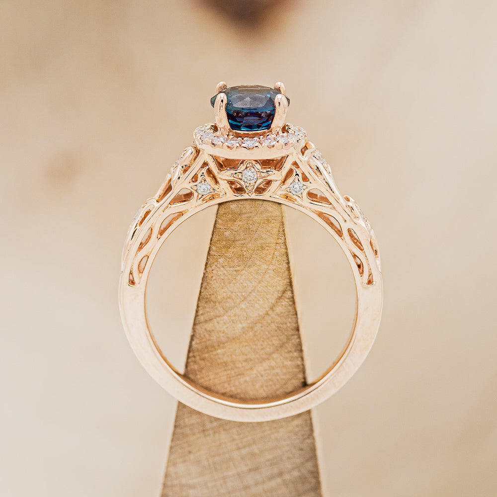 "FAYE" - ROUND CUT LAB-GROWN ALEXANDRITE ENGAGEMENT RING WITH DIAMOND HALO & ACCENTS-6