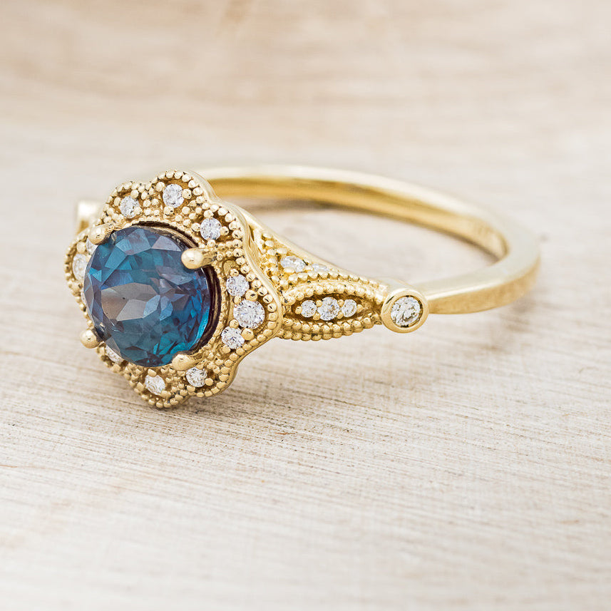 "EILEEN" - ROUND CUT LAB-GROWN ALEXANDRITE ENGAGEMENT RING WITH DIAMOND ACCENTS-3
