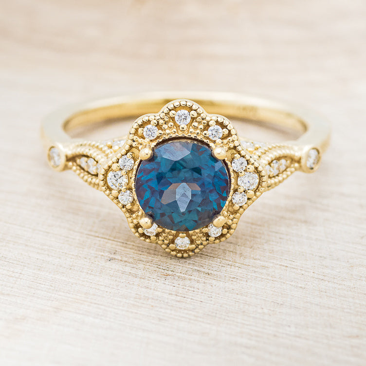 "EILEEN" - ROUND CUT LAB-GROWN ALEXANDRITE ENGAGEMENT RING WITH DIAMOND ACCENTS-4