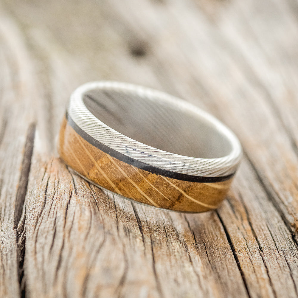 "EZRA" - WHISKEY BARREL & CHARRED WHISKEY BARREL WEDDING BAND - DAMASCUS STEEL - SIZE 10 1/2-2