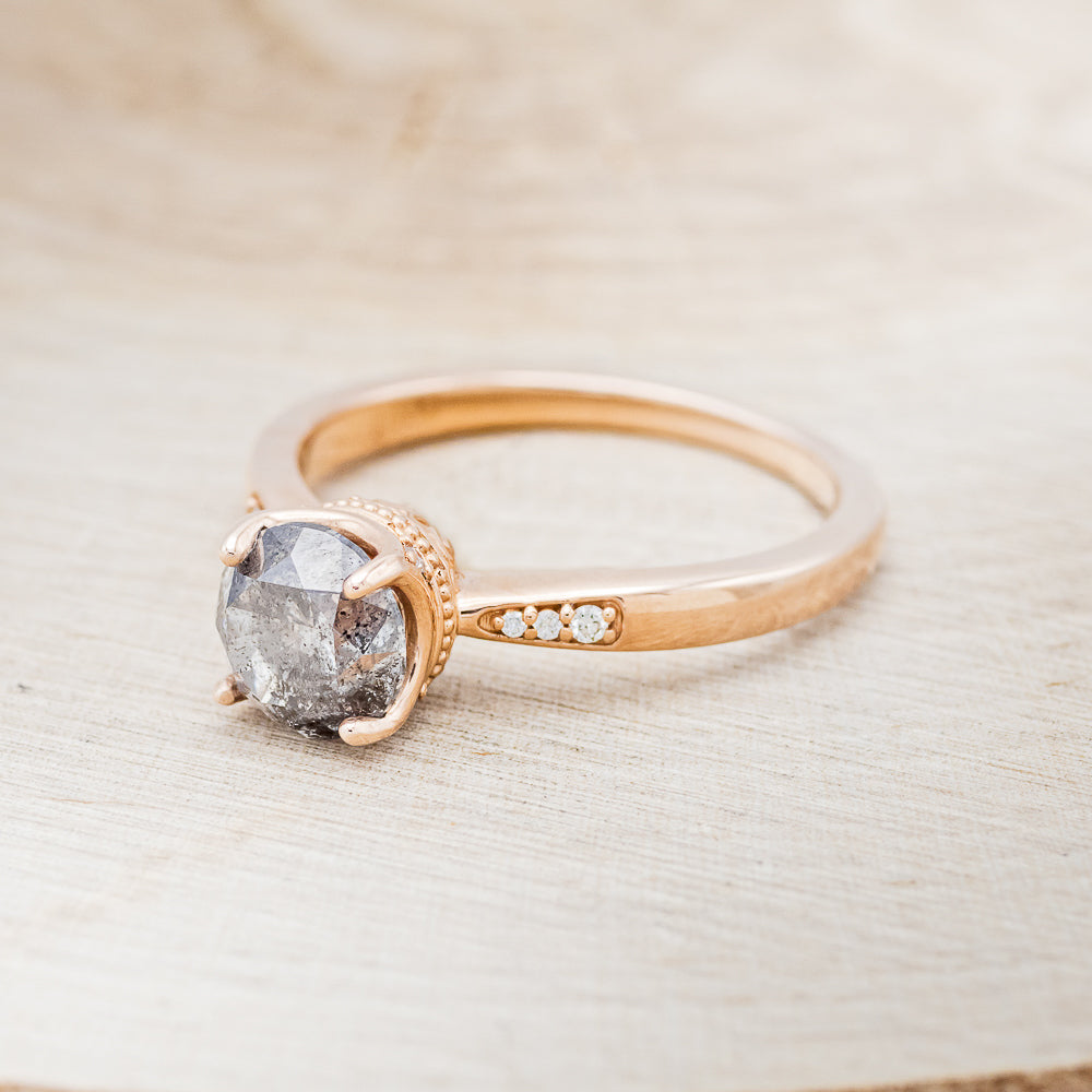 "JUNE" - ROUND CUT SALT & PEPPER DIAMOND ENGAGEMENT RING WITH DIAMOND ACCENTS - 14K ROSE GOLD - SIZE 6 3/4-3