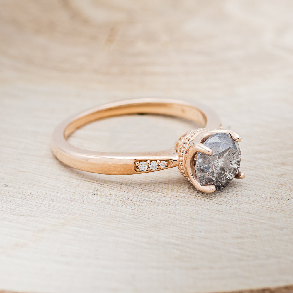 "JUNE" - ROUND CUT SALT & PEPPER DIAMOND ENGAGEMENT RING WITH DIAMOND ACCENTS - 14K ROSE GOLD - SIZE 6 3/4-2