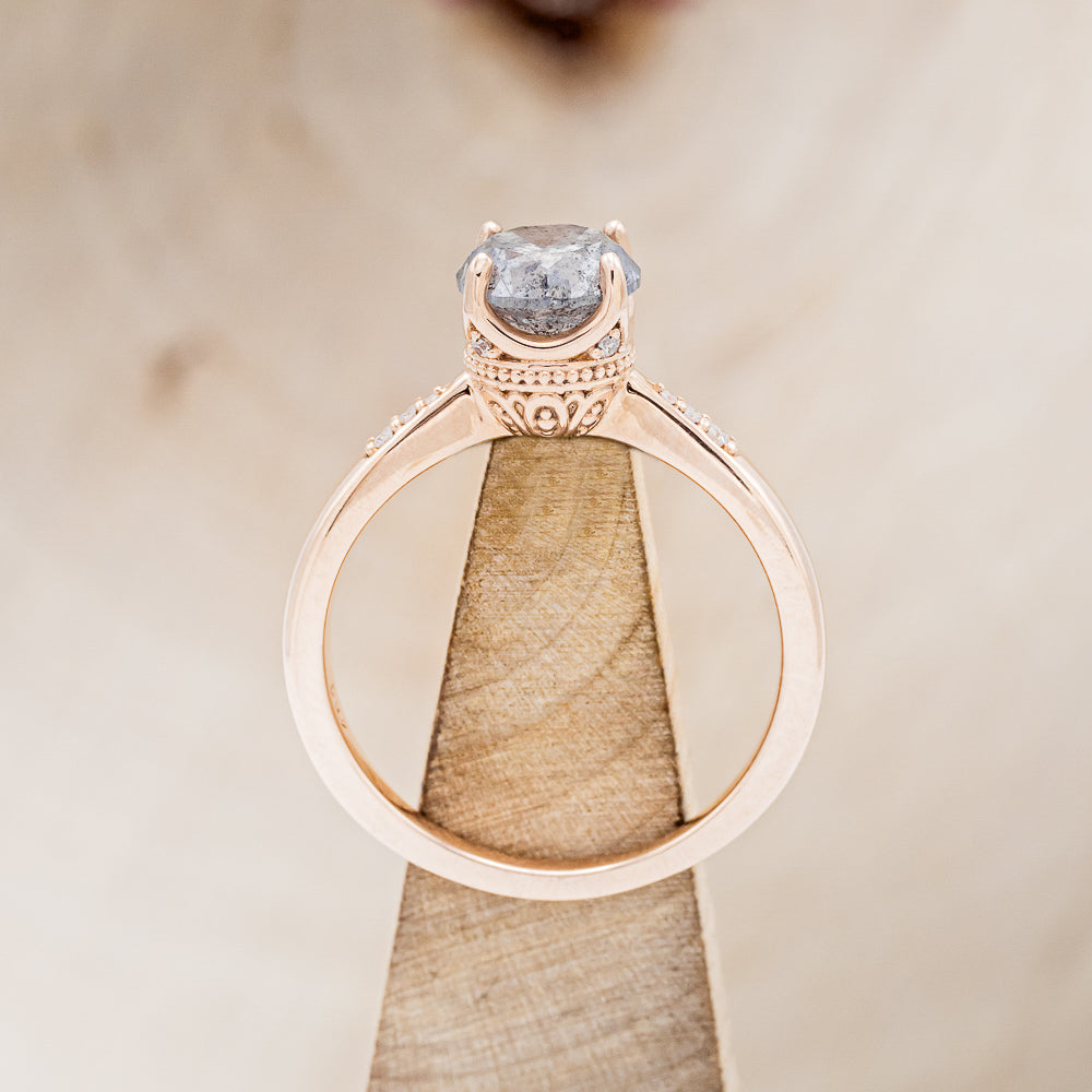 "JUNE" - ROUND CUT SALT & PEPPER DIAMOND ENGAGEMENT RING WITH DIAMOND ACCENTS - 14K ROSE GOLD - SIZE 6 3/4-5