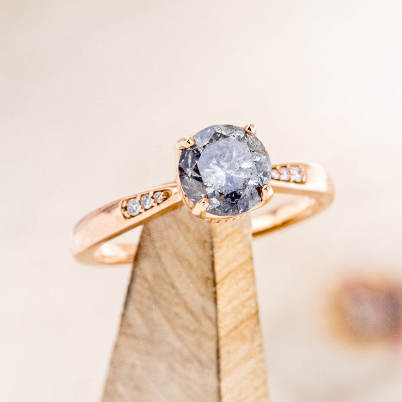 "JUNE" - ROUND CUT SALT & PEPPER DIAMOND ENGAGEMENT RING WITH DIAMOND ACCENTS - 14K ROSE GOLD - SIZE 6 3/4-1