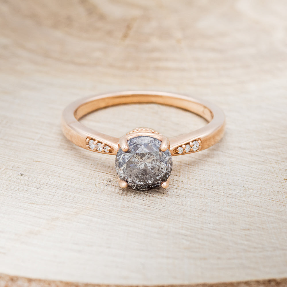 "JUNE" - ROUND CUT SALT & PEPPER DIAMOND ENGAGEMENT RING WITH DIAMOND ACCENTS - 14K ROSE GOLD - SIZE 6 3/4-4