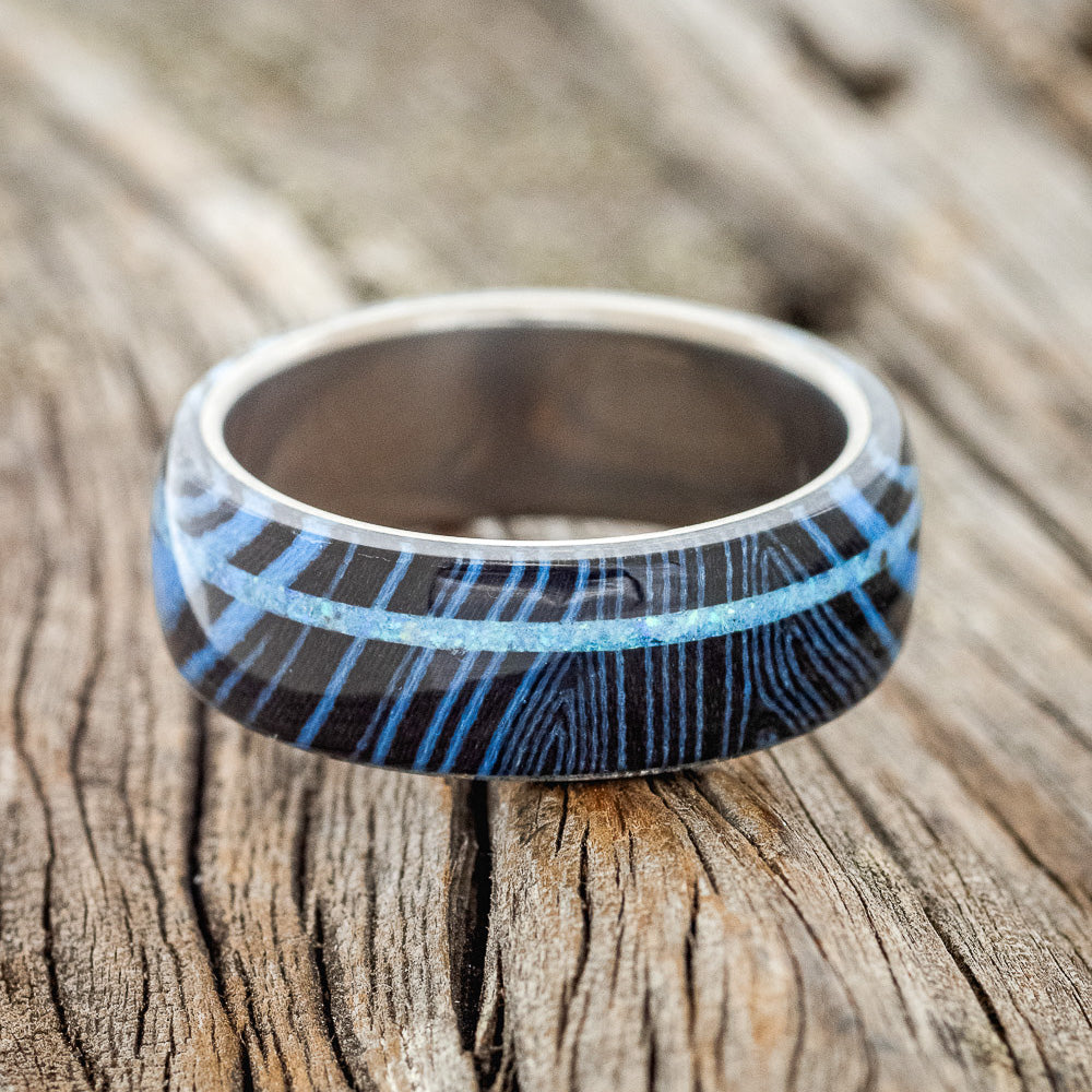 "REMMY" - BLUE & BLACK WAVE WEDDING BAND WITH A BLUE OPAL INLAY-3