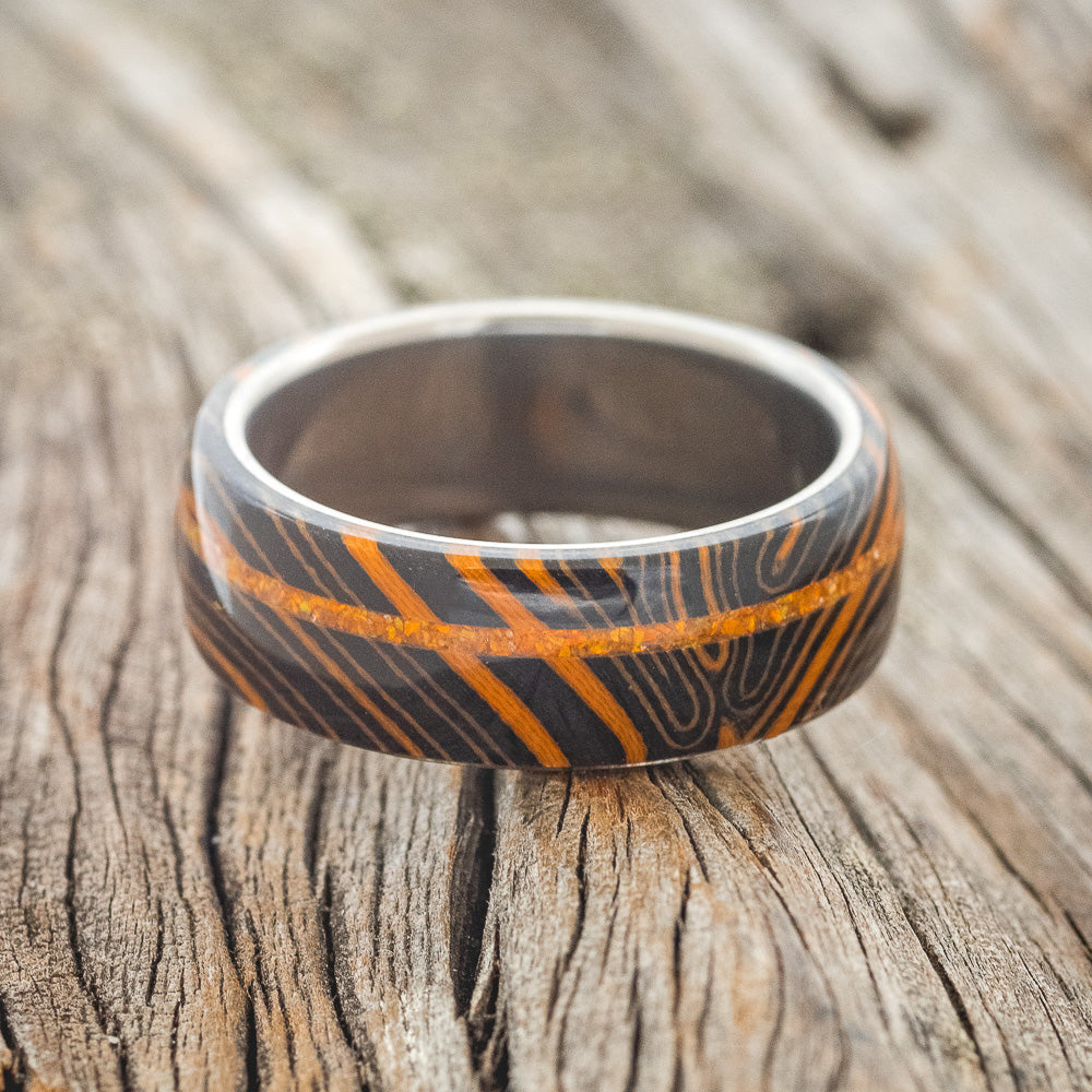"REMMY" - ORANGE & BLACK WAVE WEDDING BAND WITH AN ORANGE OPAL INLAY-3
