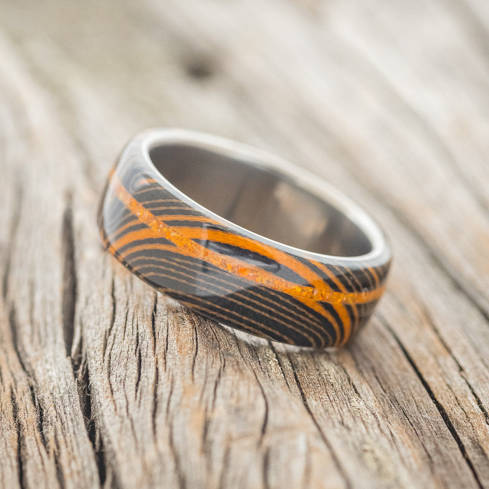 "REMMY" - ORANGE & BLACK WAVE WEDDING BAND WITH AN ORANGE OPAL INLAY-2