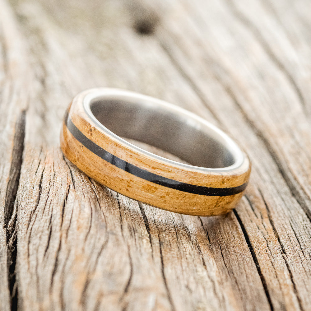 "REMMY" - MATCHING SET OF WHISKEY BARREL & CHARRED WHISKEY BARREL WEDDING BANDS-3