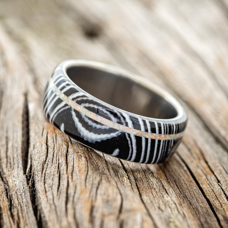 "REMMY" - BLACK & WHITE WAVE WEDDING BAND WITH FIRE AND ICE OPAL INLAY - TITANIUM- SIZE 10