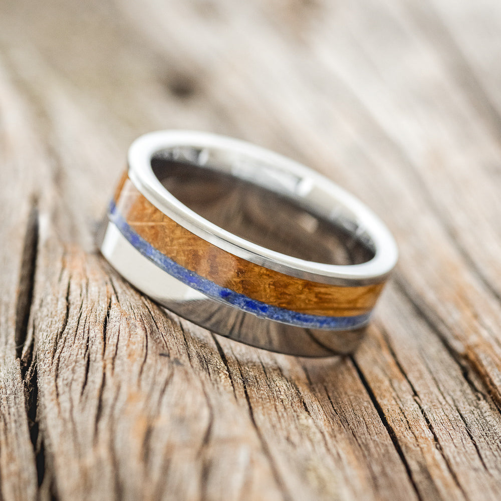"TANNER" - WHISKEY BARREL OAK & LAPIS LAZULI WEDDING RING - READY TO SHIP-2