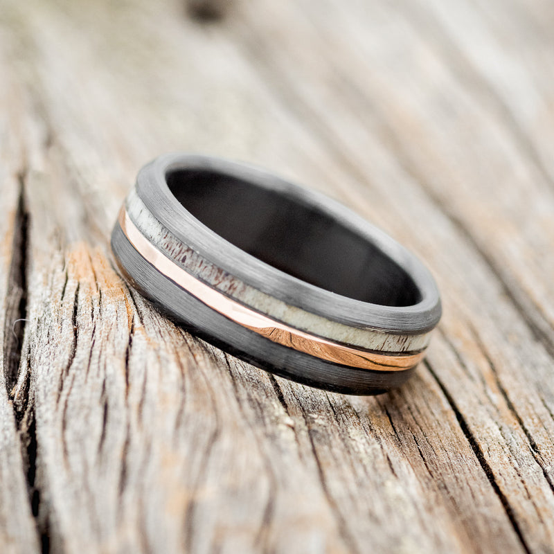 "TANNER" - ANTLER & 14K GOLD INLAY WEDDING RING FEATURING A BRUSHED BLACK ZIRCONIUM BAND-2