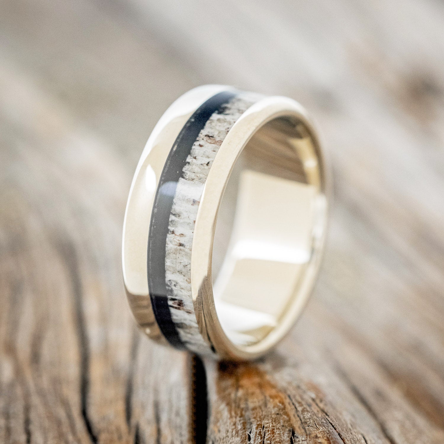 "TANNER" - MATCHING SET OF ANTLER & JET STONE WEDDING RINGS-2