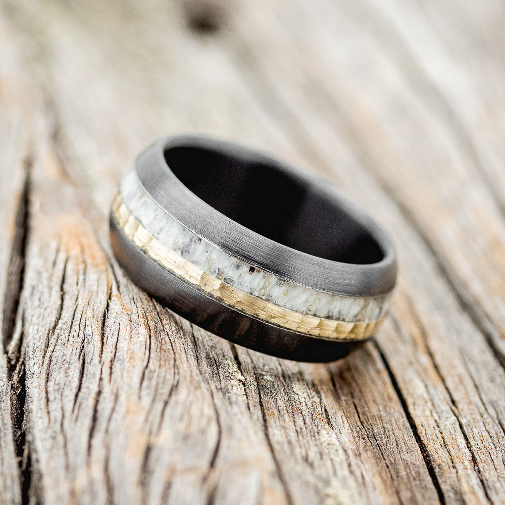 "TANNER" - DOMED ANTLER WEDDING RING FEATURING A HAMMERED 14K GOLD INLAY WITH A BRUSHED FINISH-2