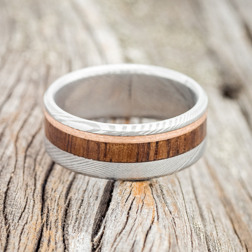 "TANNER" - KOA WOOD WEDDING RING WITH A HAMMERED 14K GOLD INLAY-3