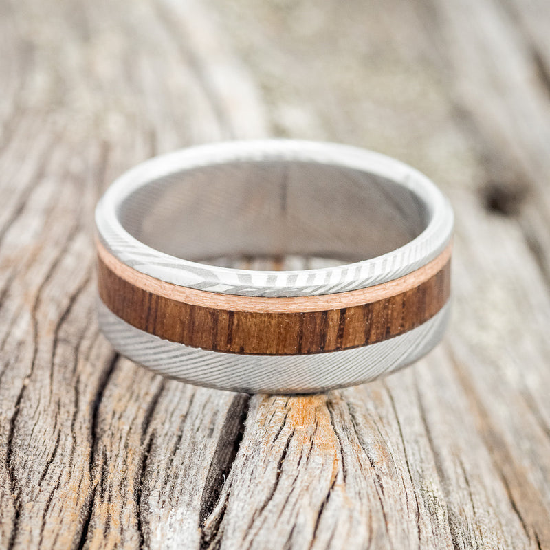 "TANNER" - KOA WOOD WEDDING RING WITH A HAMMERED 14K GOLD INLAY FEATURING A DAMASCUS STEEL BAND