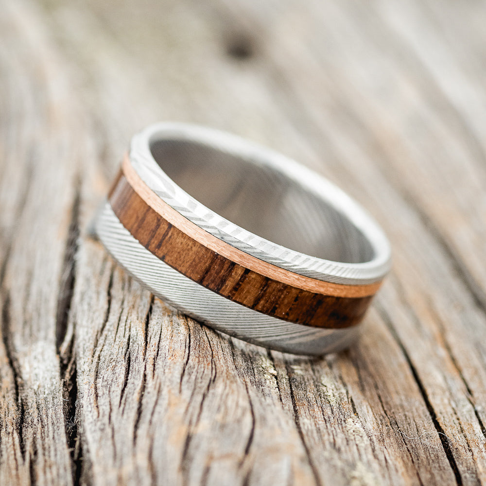 "TANNER" - KOA WOOD WEDDING RING WITH A HAMMERED 14K GOLD INLAY-2