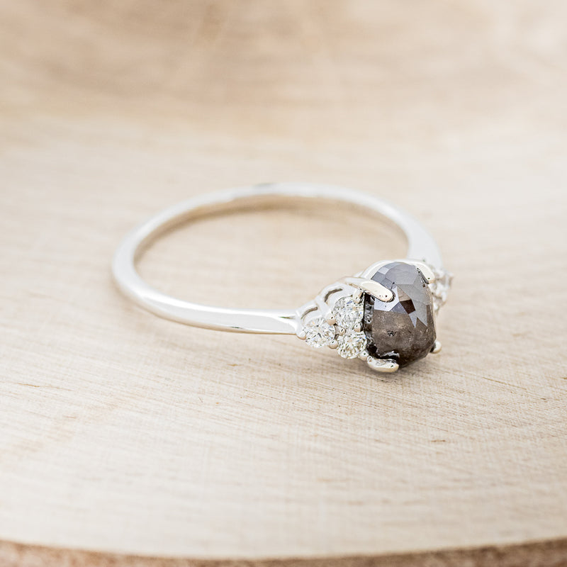 "RHEA" - ROSE CUT SALT & PEPPER DIAMOND ENGAGEMENT RING WITH DIAMOND ACCENTS