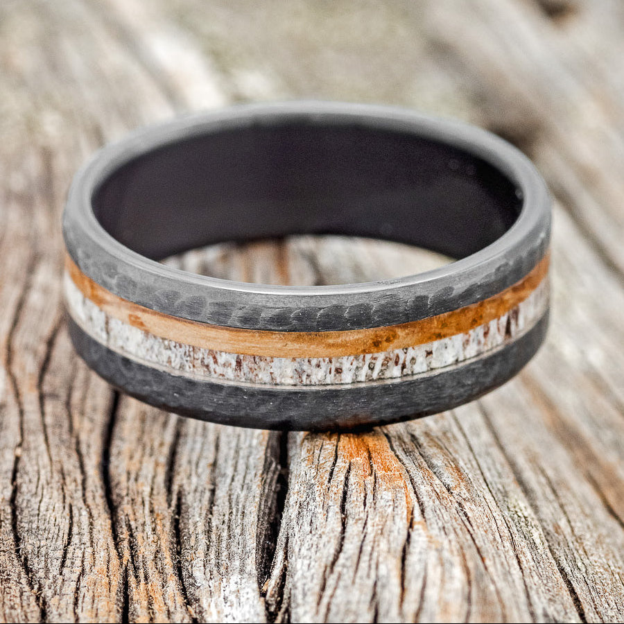 "CASTOR" - ANTLER & WHISKEY BARREL OAK WEDDING RING WITH A HAMMERED FINISH - READY TO SHIP-6