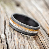 "CASTOR" - ANTLER & WHISKEY BARREL OAK WEDDING RING WITH A HAMMERED FINISH - READY TO SHIP-5