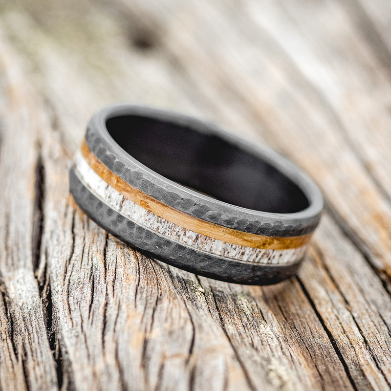 "CASTOR" - ANTLER & WHISKEY BARREL WEDDING RING FEATURING A HAMMERED BAND-5