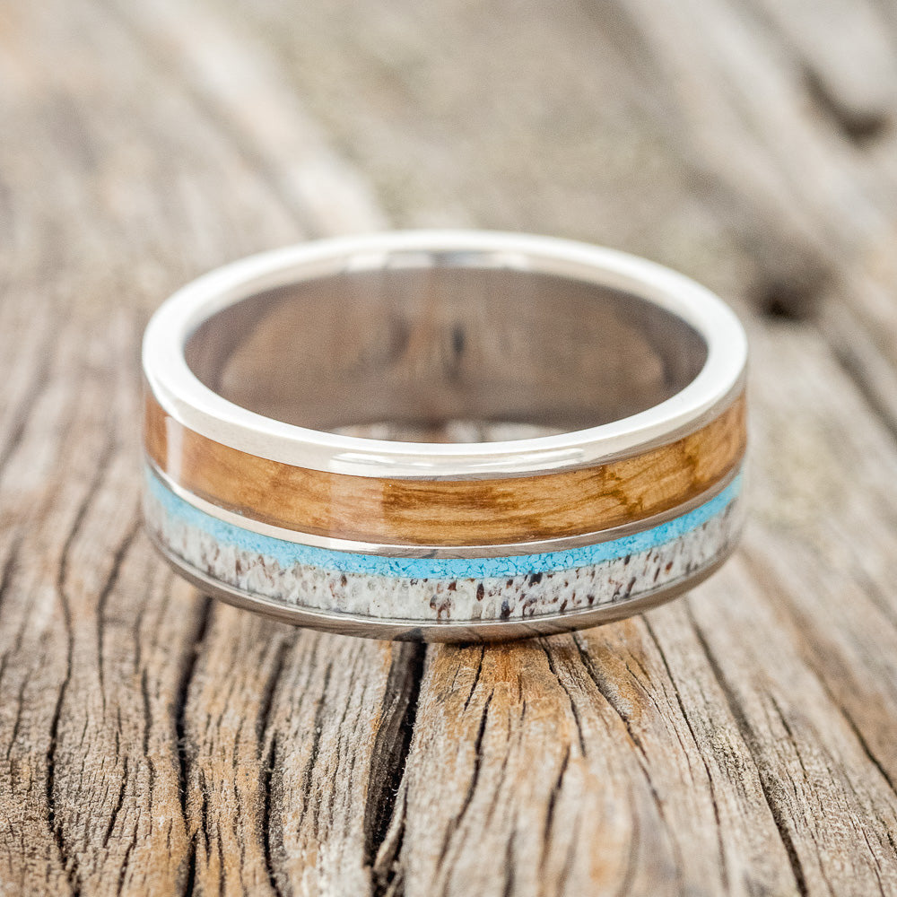 "DYAD" - WHISKEY BARREL, ANTLER, & TURQUOISE WEDDING BAND-3