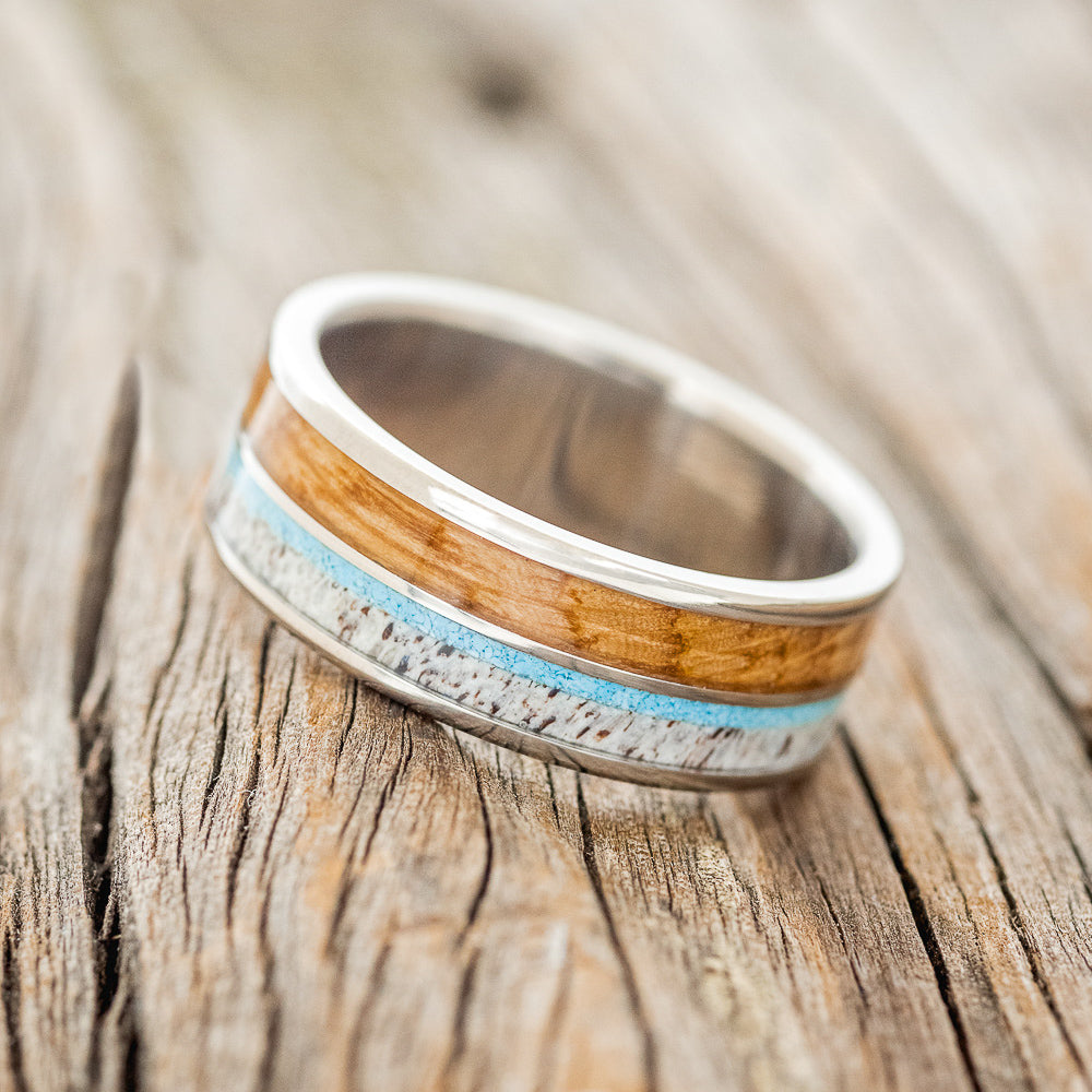 "DYAD" - WHISKEY BARREL, ANTLER, & TURQUOISE WEDDING BAND-2