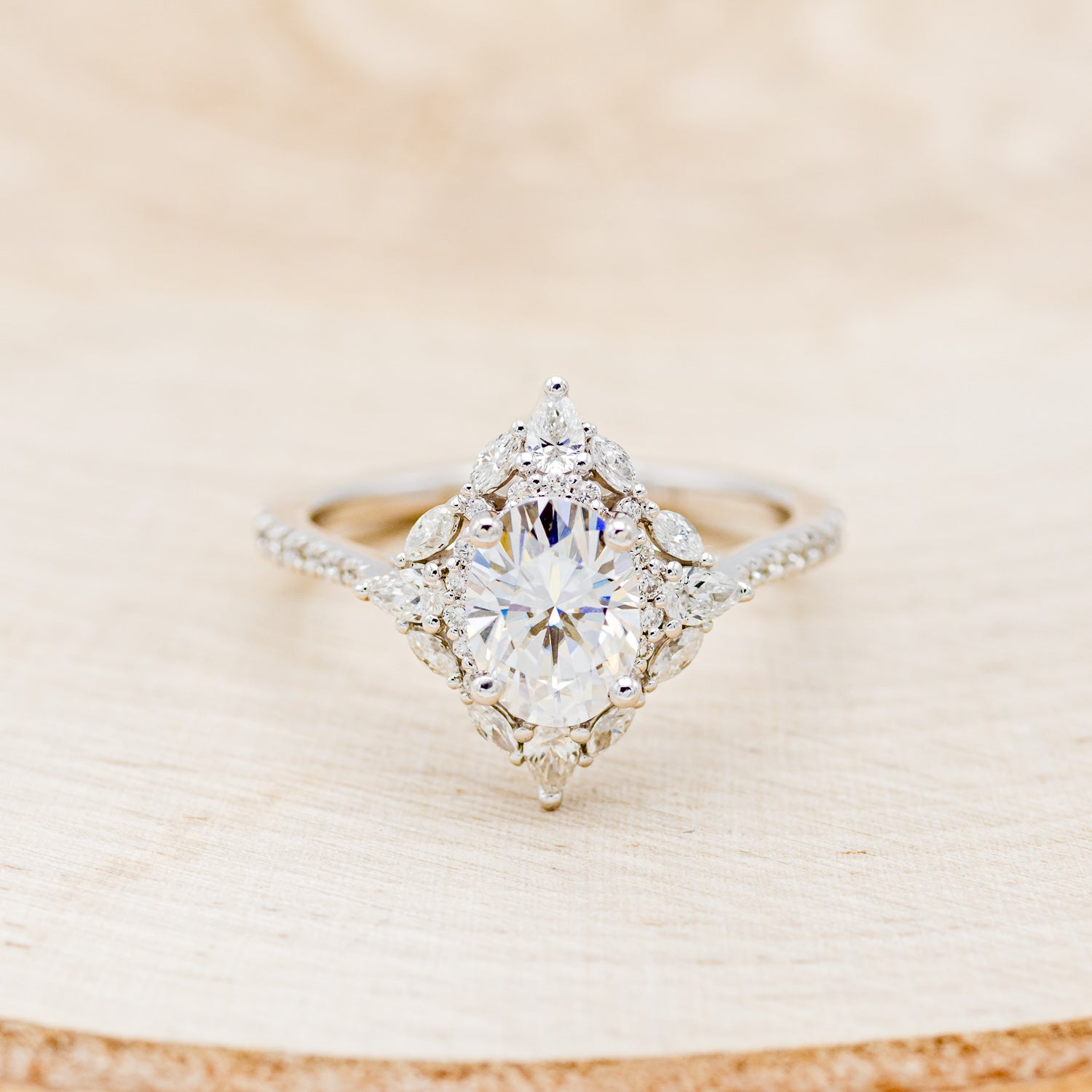 "NORTH STAR" - BRILLIANT CUT OVAL MOISSANITE ENGAGEMENT RING WITH DIAMOND ACCENTS & DIAMOND TRACER-16